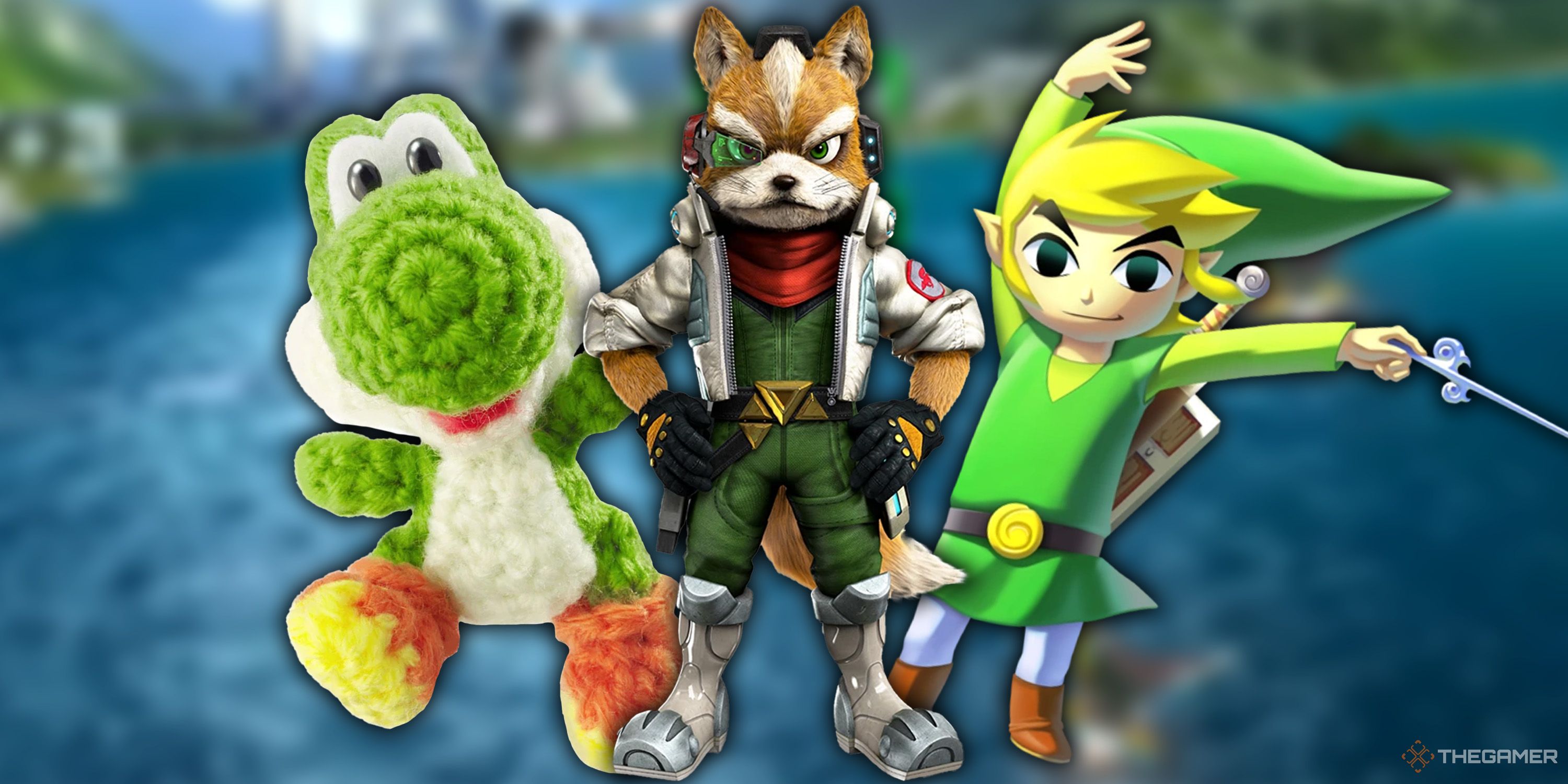 Yarn Yoshi, Fox McCloud, and Toon Link standing in front of an ocean.