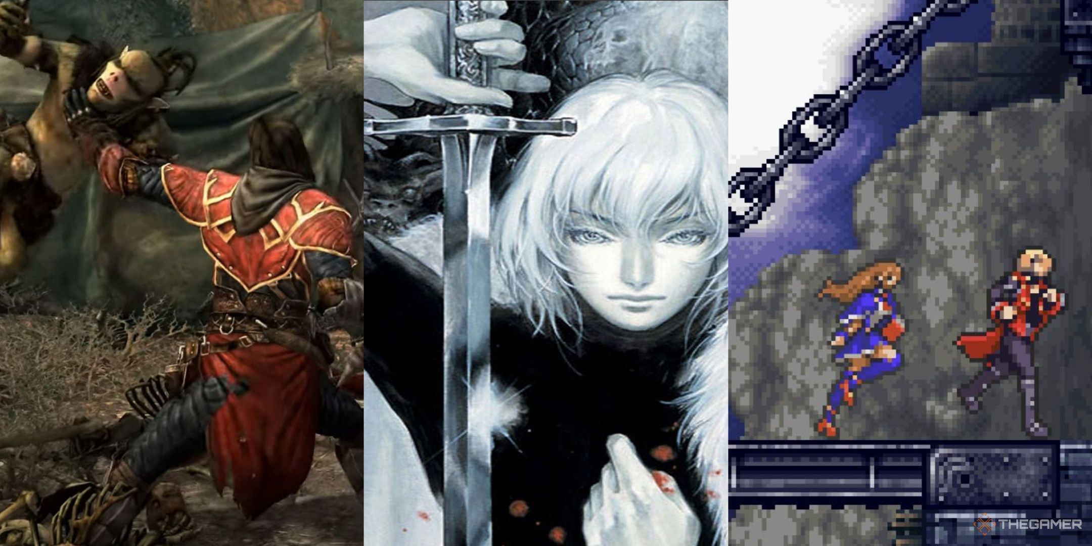 Gabriel Belmont attacking an enemy in Lords of Shadow, Soma Cruz on the cover of aria of sorrow, and two characters running in Portrait of Ruin, all from the Castlevania series left to right.