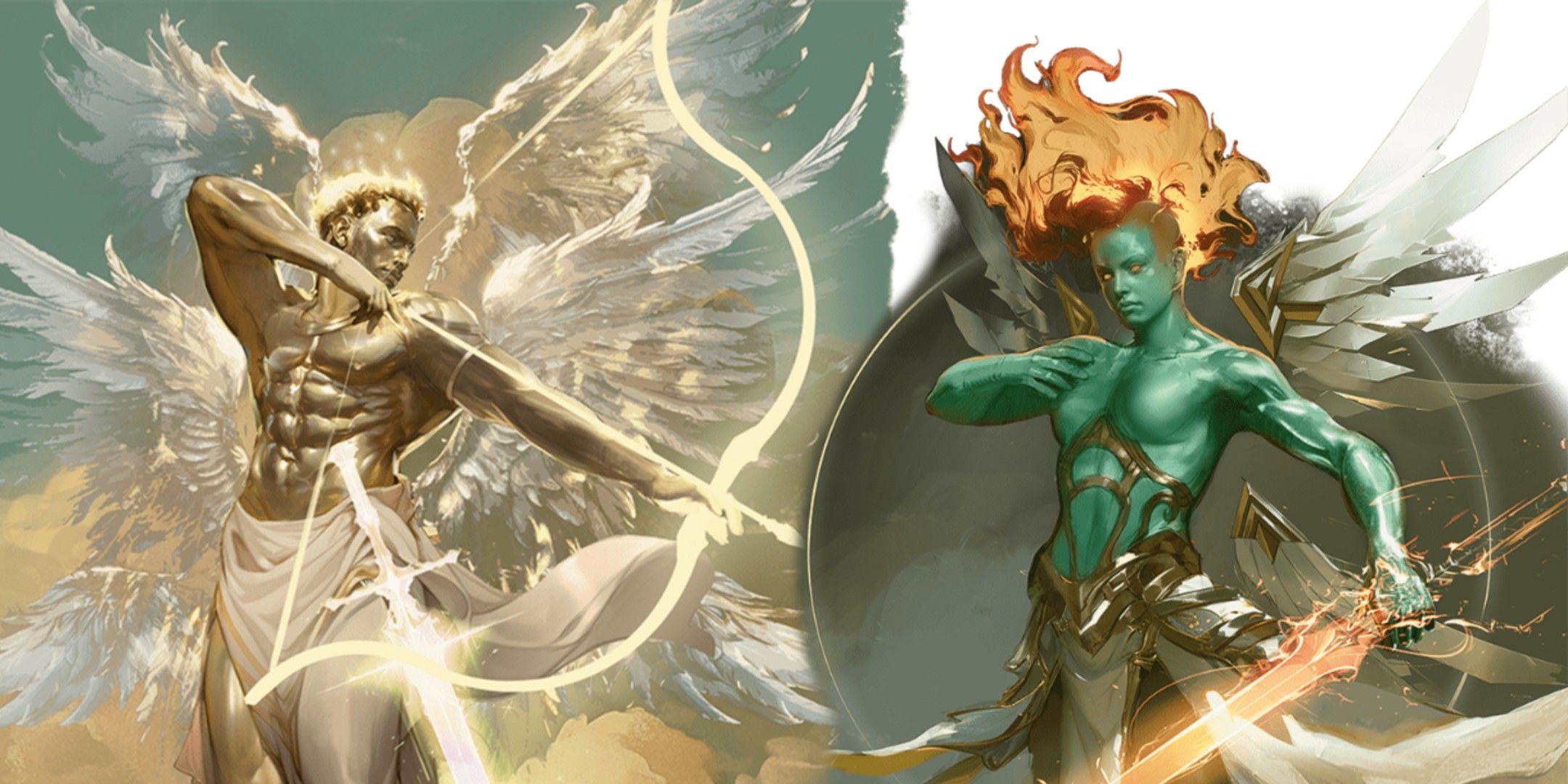 Dungeons & Dragons image showing a Solar and a Planetar celestials.