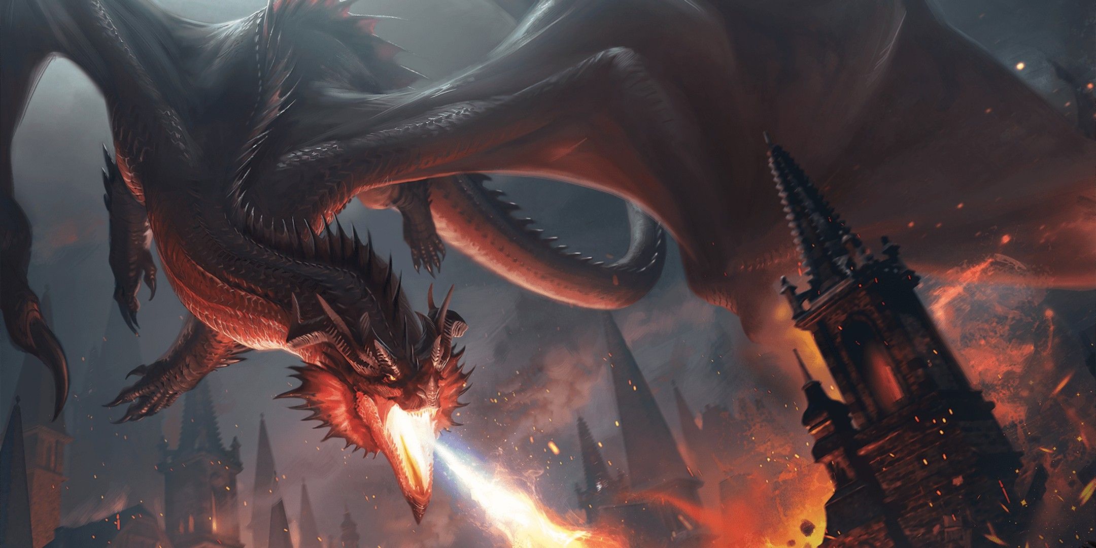 Dungeons & Dragons image showing a red dragon destroying a city.