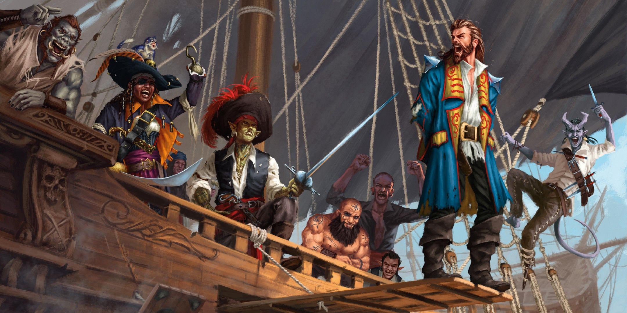 Dungeons & Dragons image showing a group of pirates making a human walk the plank.