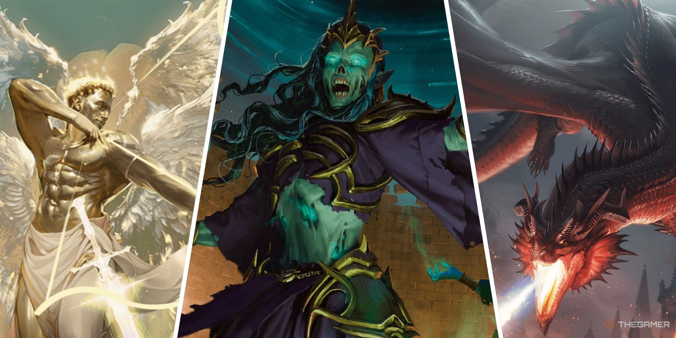 Dungeons & Dragons image showing a solar, a lich, and a red dragon.