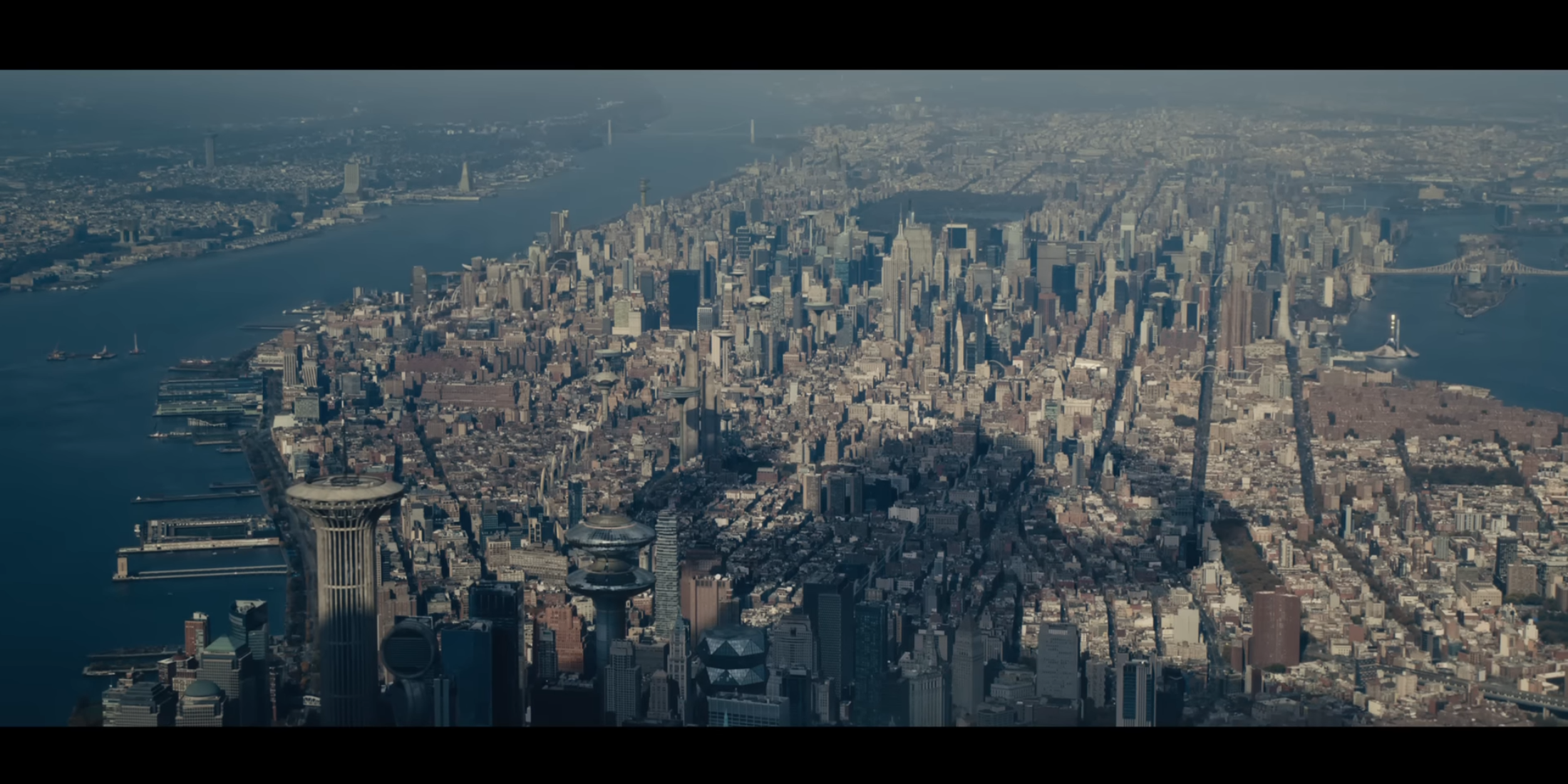 Futuristic NYC skyline with Baxter Building and Stark Tower visible in 'The Fantastic Four' teaser