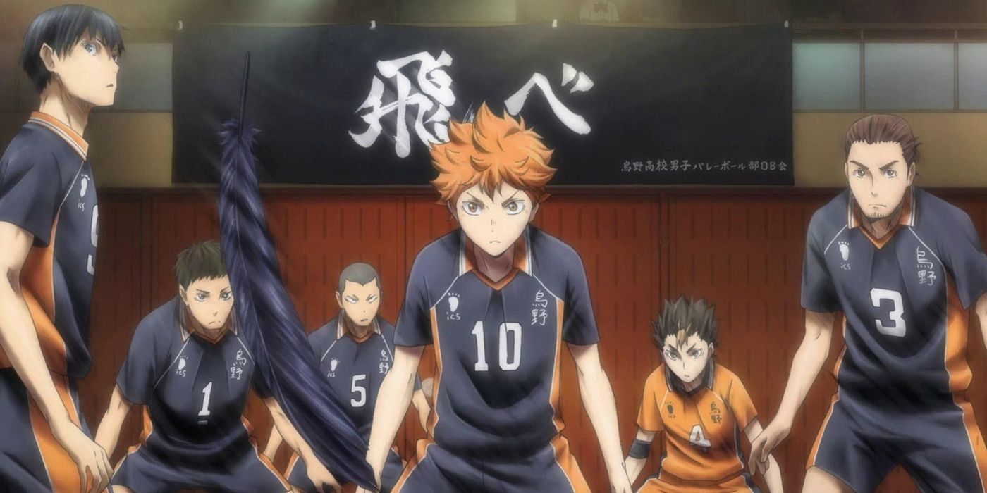 Hinata and his teammates during a volleyball match in Haikyuu!!.