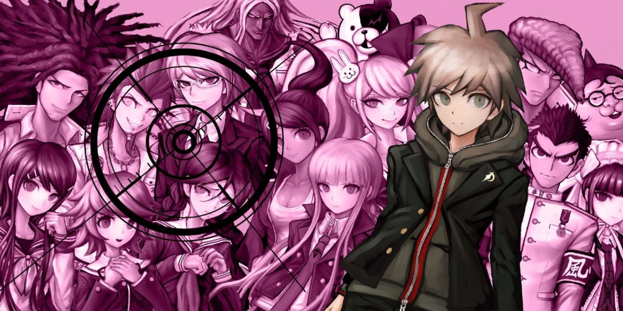 The cast of Danganronpa stand behind Makoto.