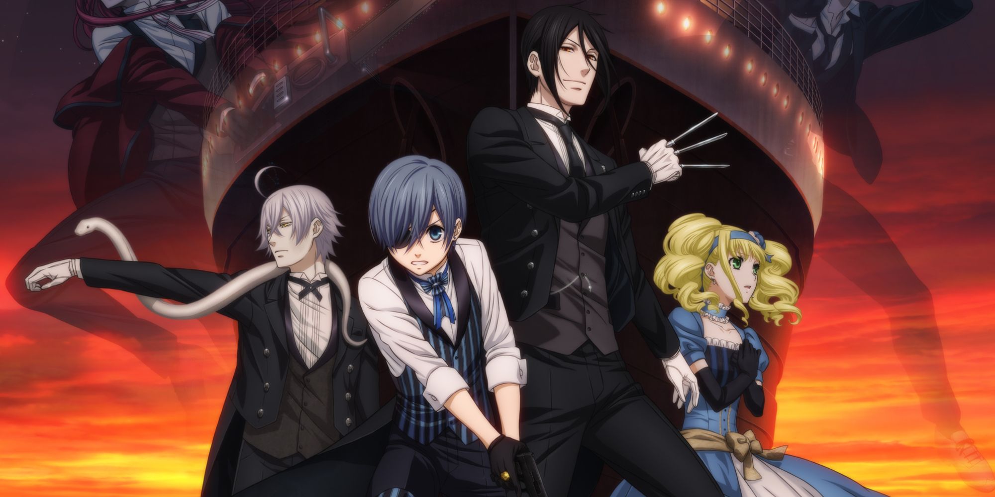 Four main characters from Black Butler: Book of the Atlantic pose with weapons drawn.