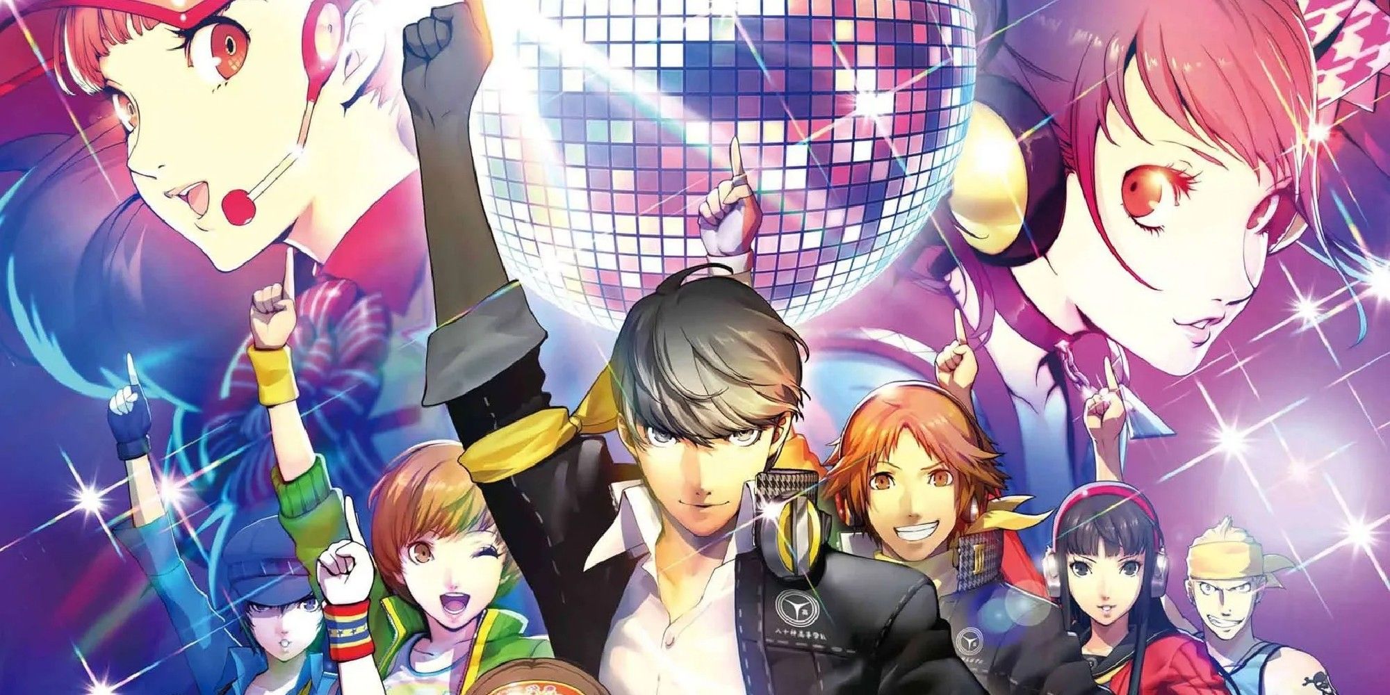 Persona 4 Dancing All Night cover art showing the entire cast pointing upwards