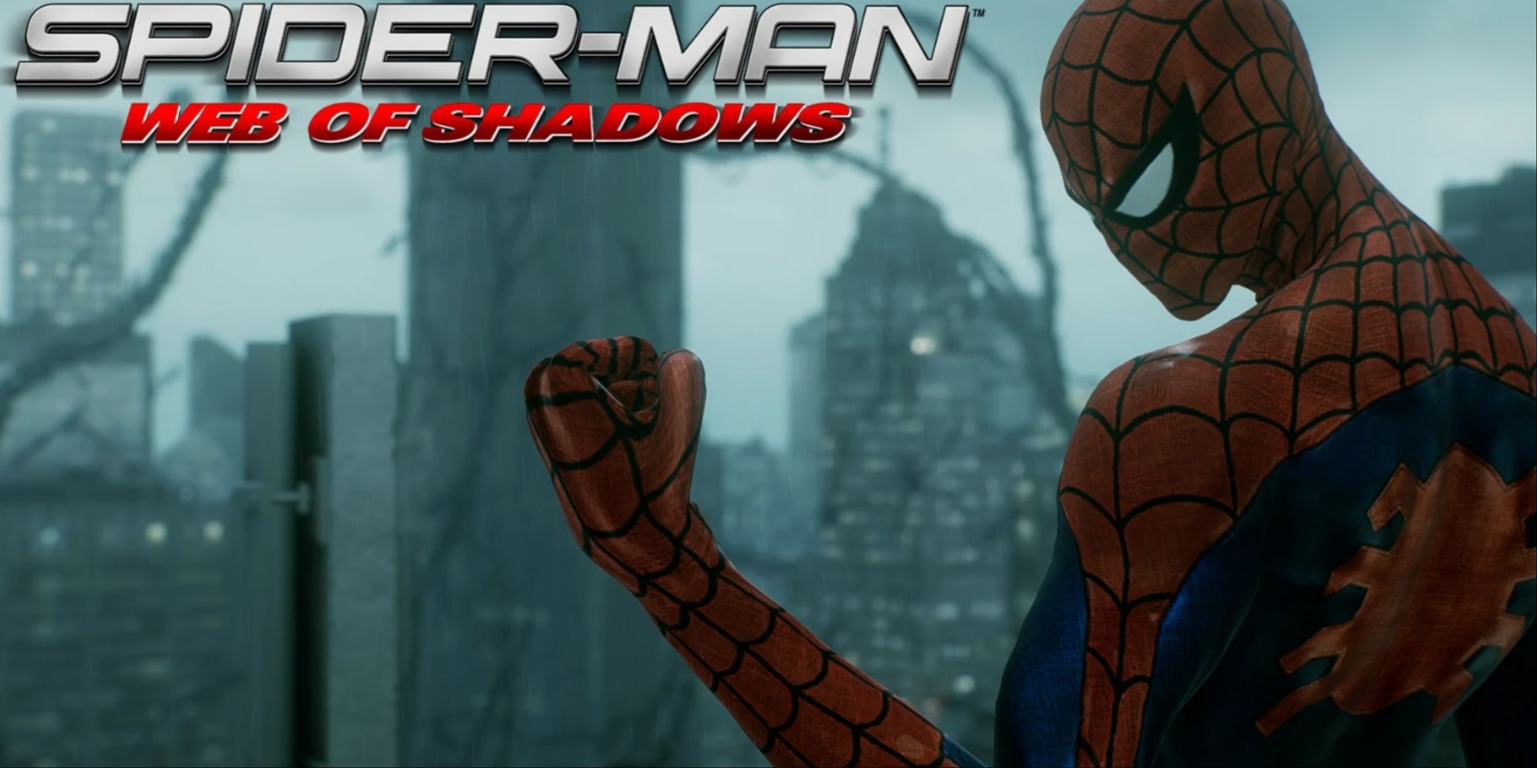 The art for the Spider-Man Web Of Shadows Pack mod for Marvel's Spider-Man 2 featuring the title and Peter wearing one of the suits.