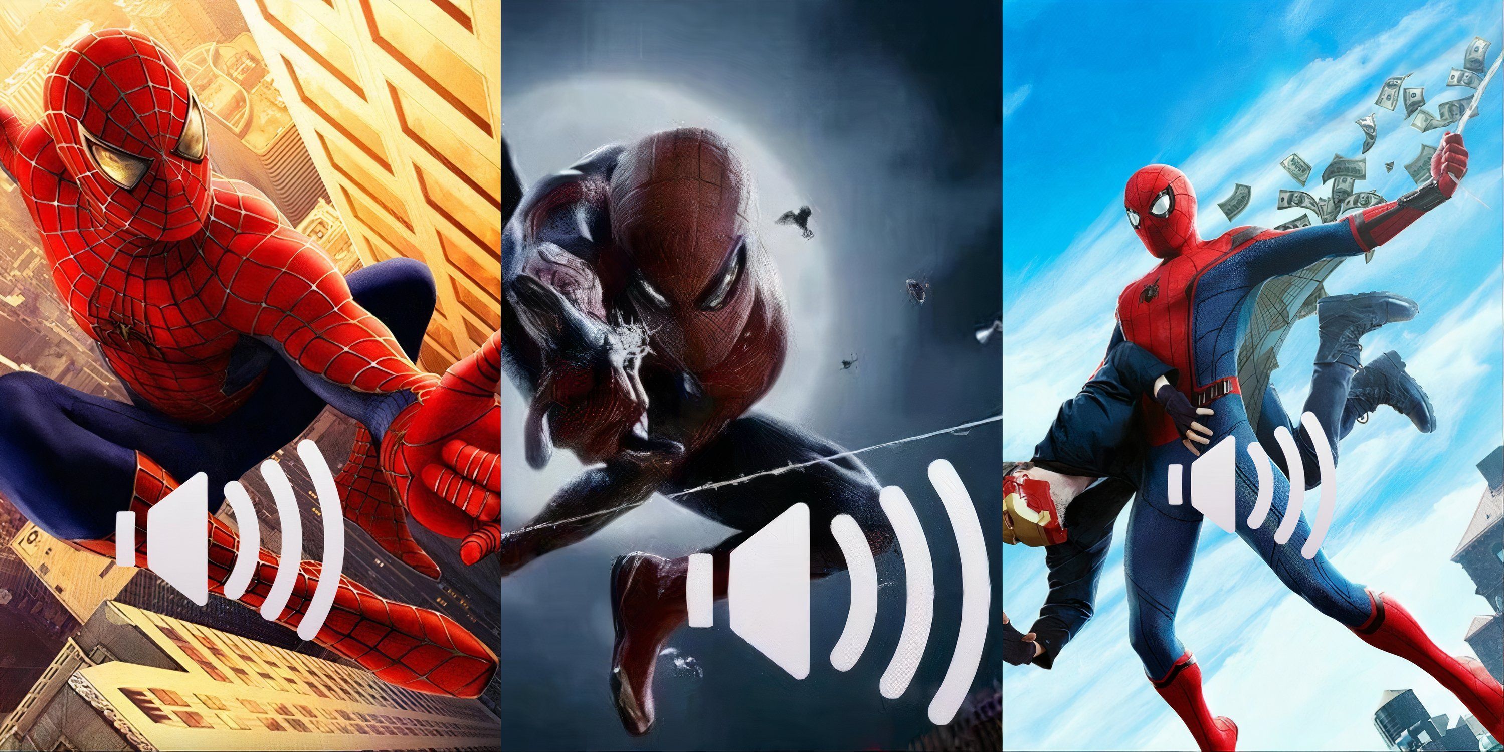 Three-image collage of the art for the web sound effects mods by AbdAshes across all major live-action Spider-Man films to be used for Marvel's Spider-Man 2.