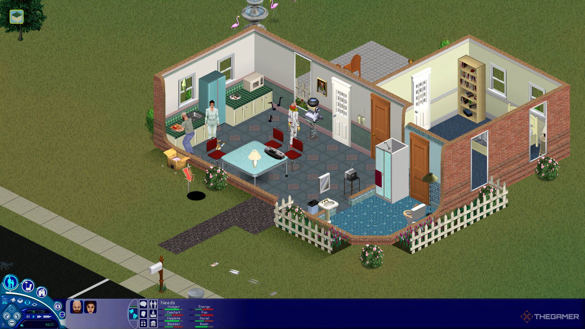 An image showing a person preparing food in The Sims. There is a woman standing next to him. There is also a clown.