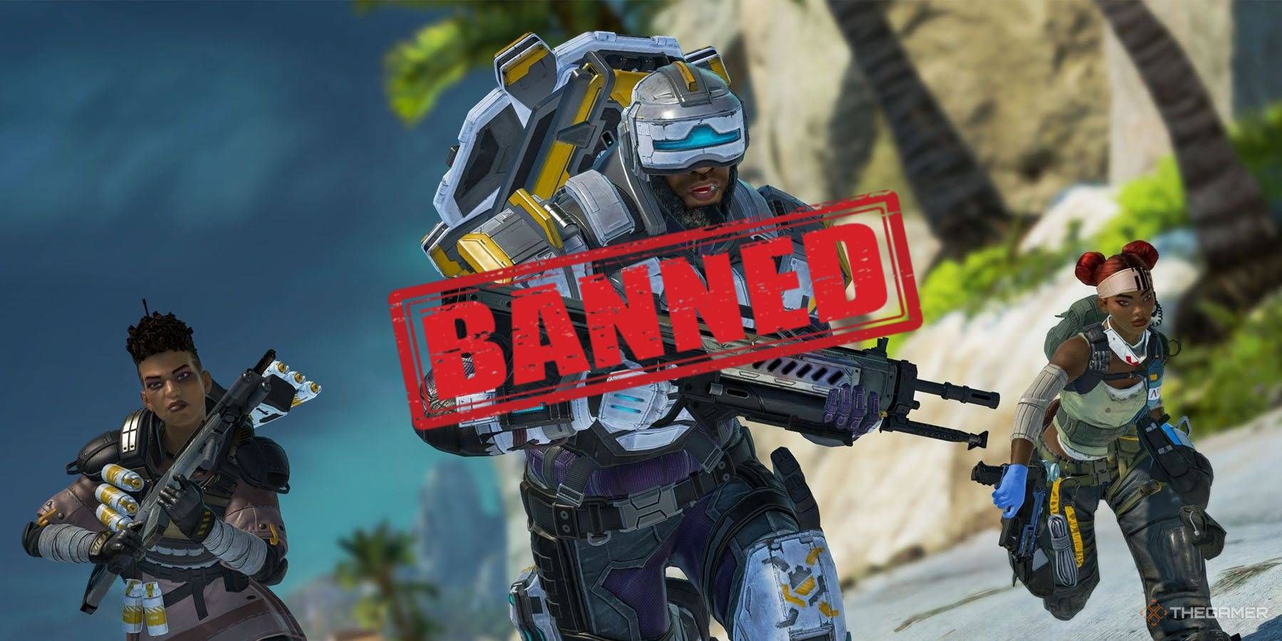 apex legends squad with newcastle, lifeline, and bangalore. newcastle is crossed out with the word banned