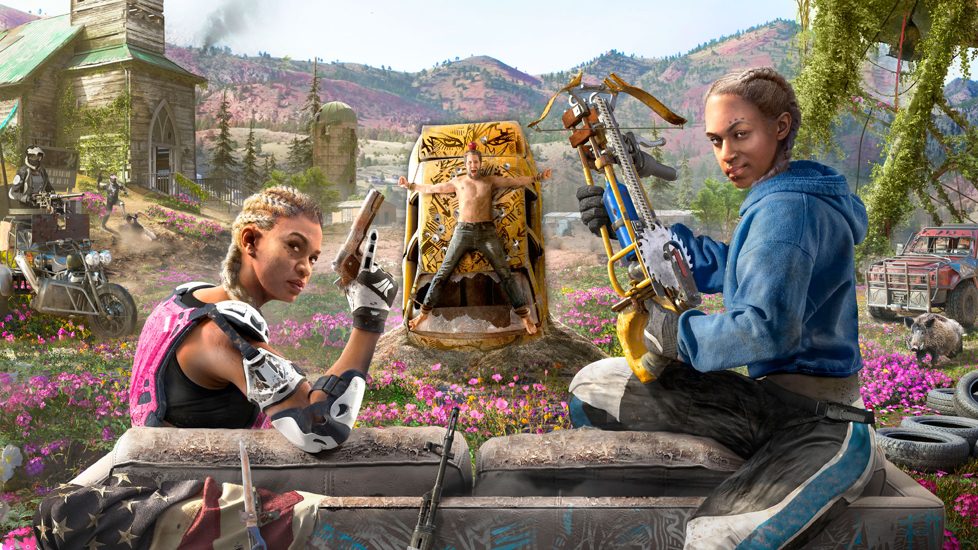 Far Cry New Dawn promotional image of the Twins sitting in front of Joseph Seed tied to the hood of a yellow car.