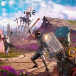 Aiming at an enemy in motorcycle-like riding gear with a painted riot shield, while another aims at explosive in Far Cry New Dawn - the environment is garish and bright with lots of pink flowers