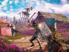 Aiming at an enemy in motorcycle-like riding gear with a painted riot shield, while another aims at explosive in Far Cry New Dawn - the environment is garish and bright with lots of pink flowers