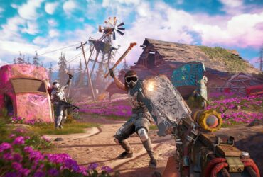 Aiming at an enemy in motorcycle-like riding gear with a painted riot shield, while another aims at explosive in Far Cry New Dawn - the environment is garish and bright with lots of pink flowers