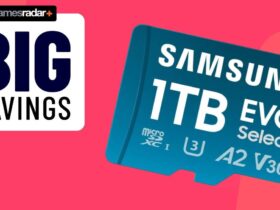 Image of the Samsung EVO Select 1TB microSD card on a pink GamesRadar background.