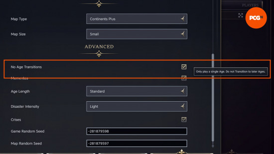 The Civ 7 Age Transitions option in the multiplayer menu, giving the option to play a single age game.