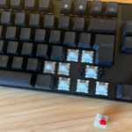 SteelSeries Apex Pro TKL Gen 3 Hall effect keyboard with caps removed to show switches