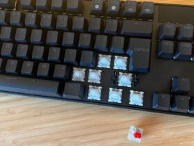 SteelSeries Apex Pro TKL Gen 3 Hall effect keyboard with caps removed to show switches