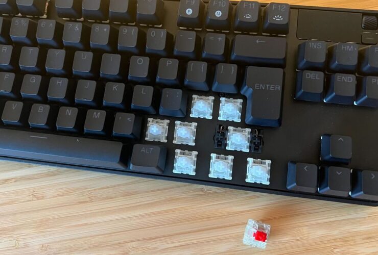 SteelSeries Apex Pro TKL Gen 3 Hall effect keyboard with caps removed to show switches