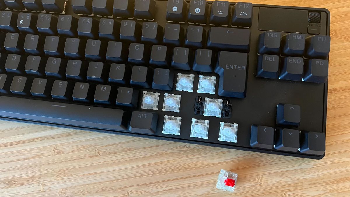 SteelSeries Apex Pro TKL Gen 3 Hall effect keyboard with caps removed to show switches