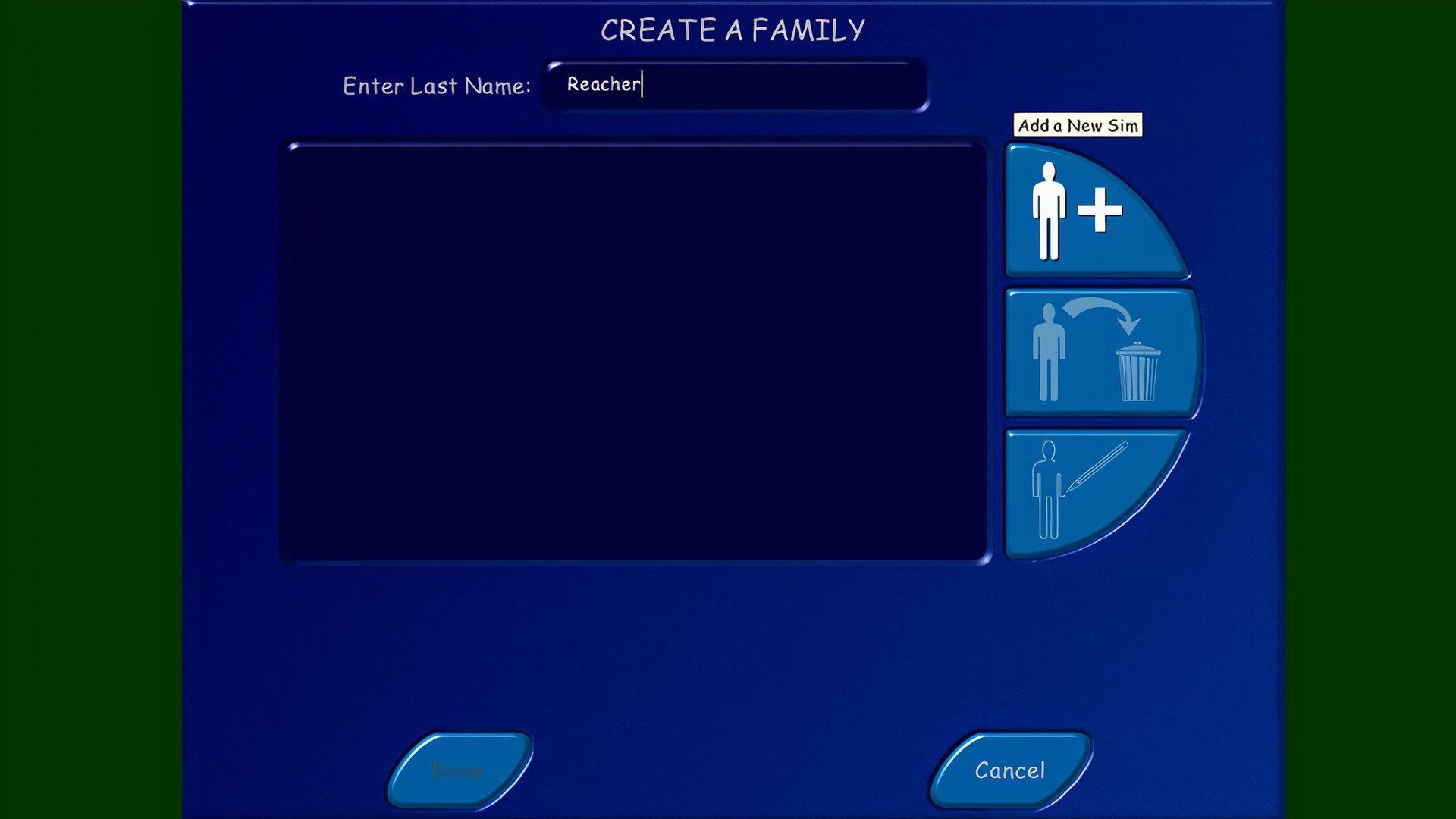 Creating Family Sims UI, there is an option for creating a Sim on the right side.