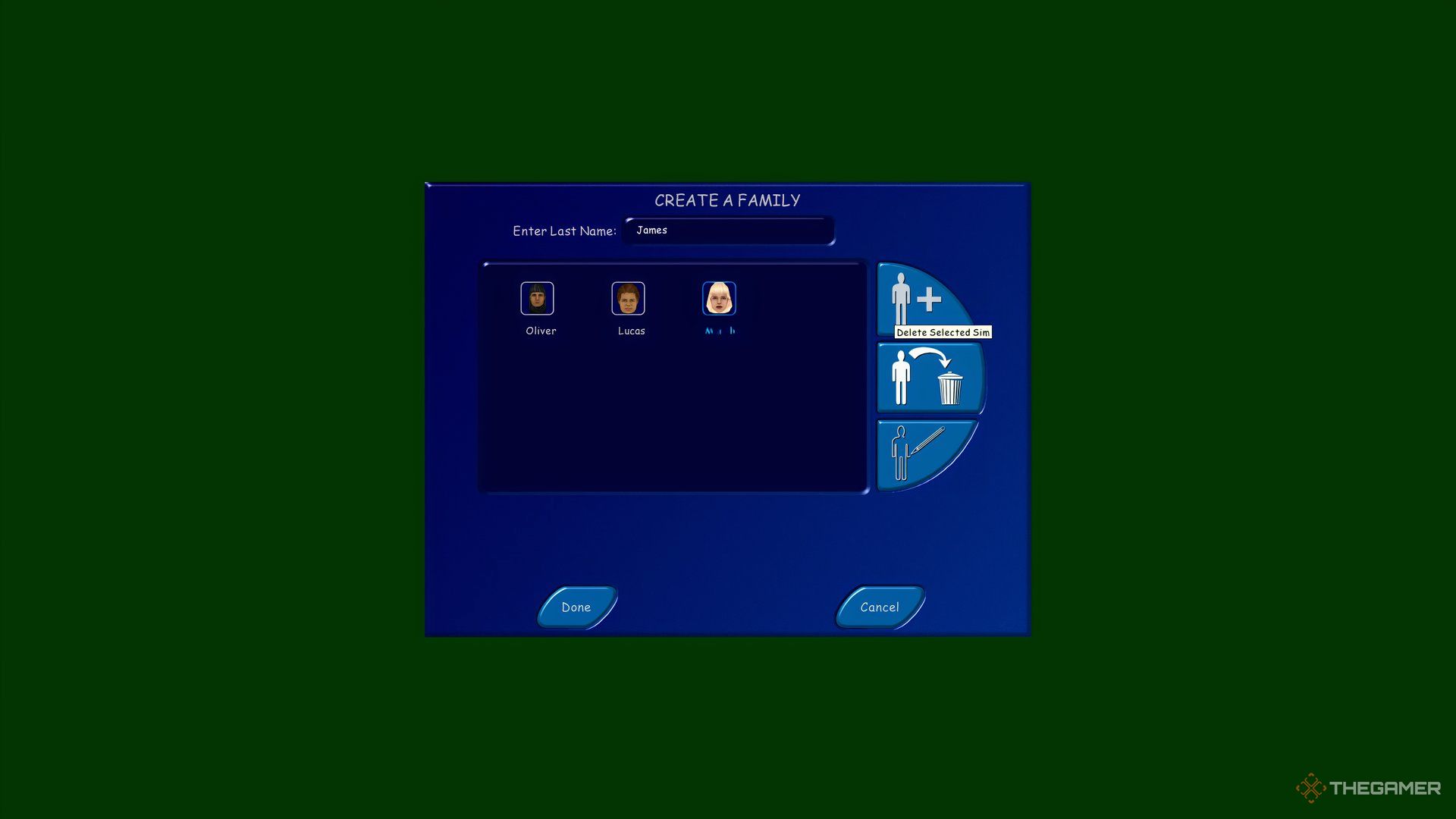 The Sims 1 Create A Family menu with Delete A Sim highlighted.