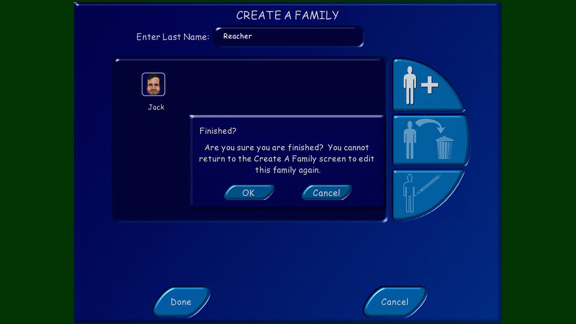 Creating Family Sims UI starting a warning before saving a Sim.