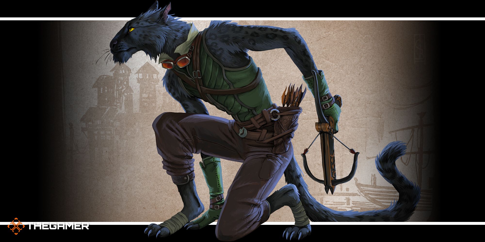 A tabaxi crouches with crossbow ready in Dungeons & Dragons art.