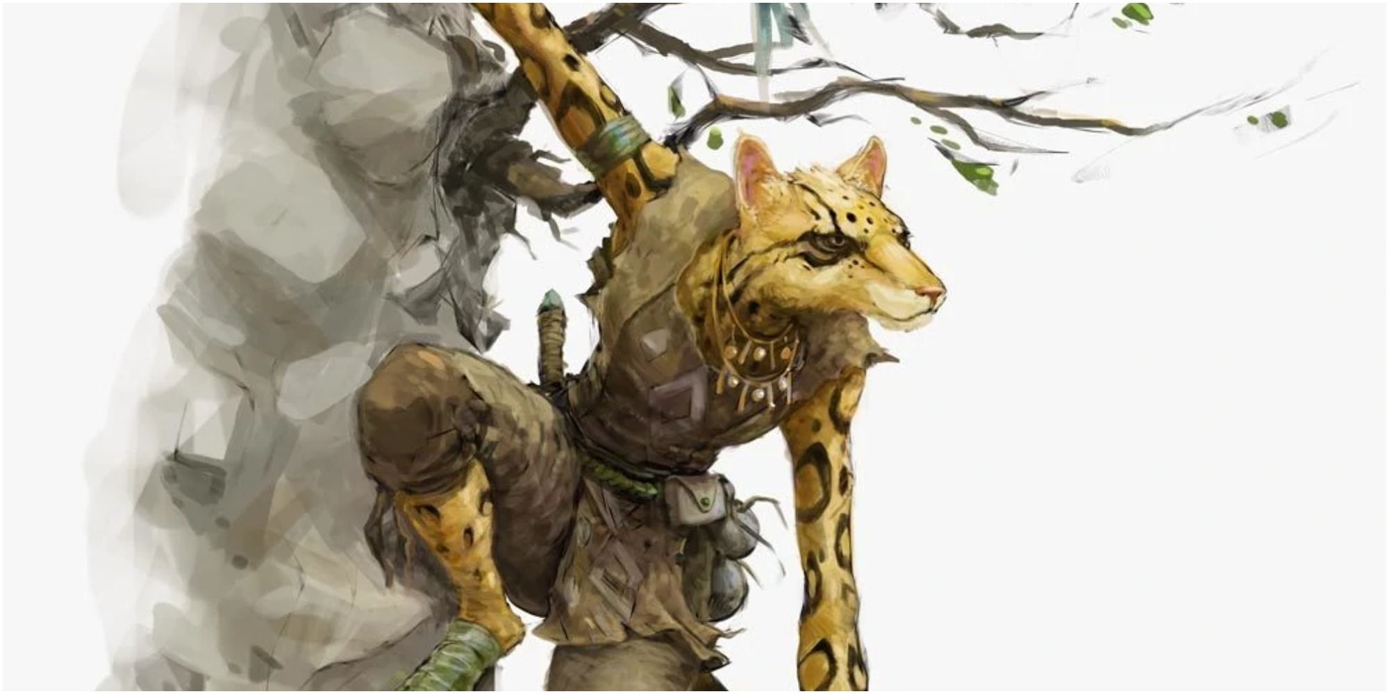 A tabaxi hanging on a vined cliff in Dungeons & Dragons art.