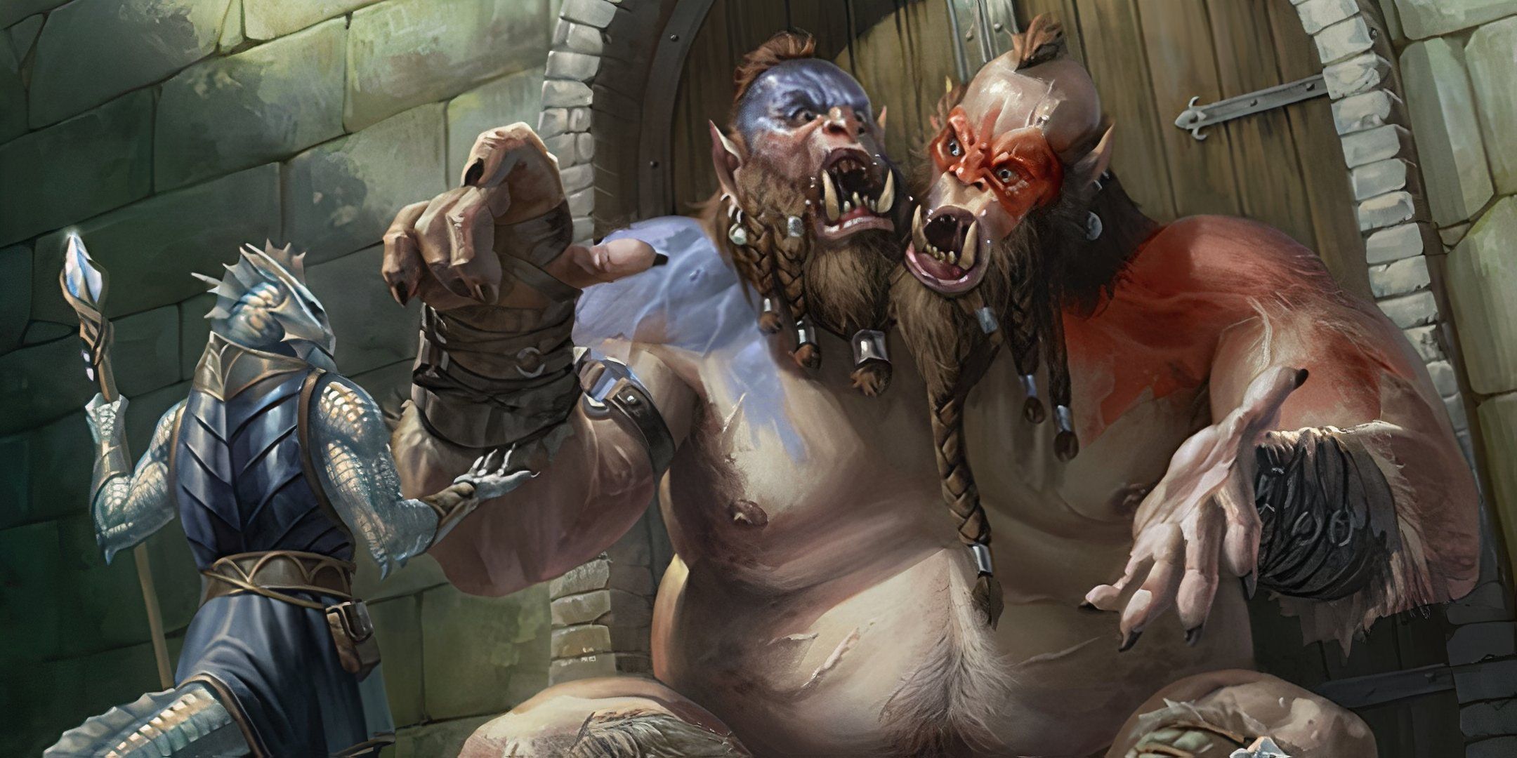 An Ettin argues between its two heads while an lizardfolk adventurer watches.