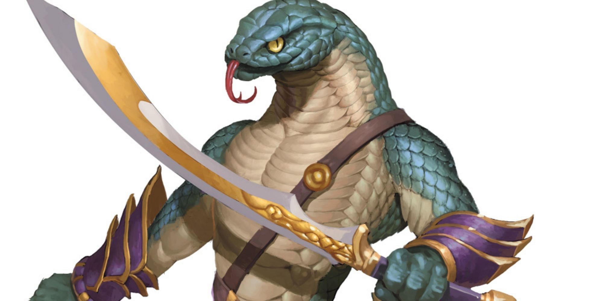 A yuan ti holding a sword up close in D&D art.