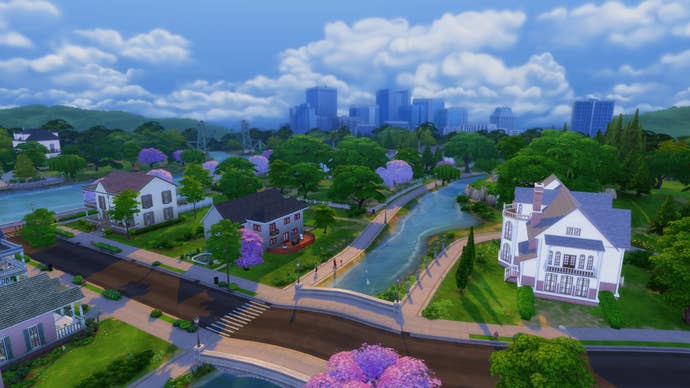 A custom house in a neighbourhood in The Sims 4.