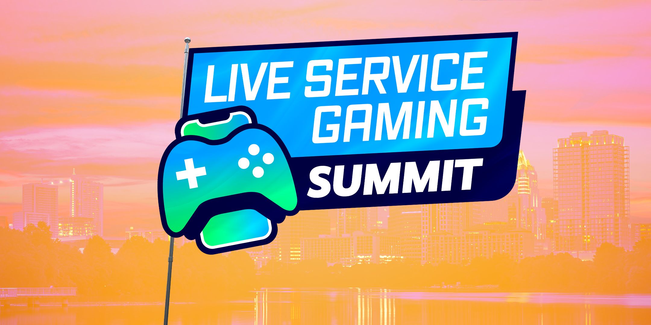 A logo for Live Service Gaming Summit in front of Austin, Texas.