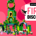 pink background with GR logo, wicked Welcome to Emerald City Lego set and &quot;first discount&quot; badge