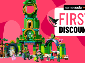 pink background with GR logo, wicked Welcome to Emerald City Lego set and &quot;first discount&quot; badge