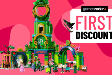 pink background with GR logo, wicked Welcome to Emerald City Lego set and &quot;first discount&quot; badge