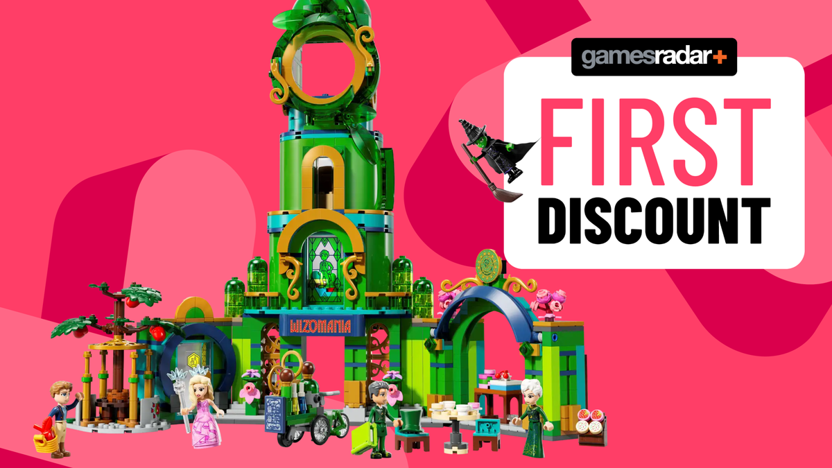 pink background with GR logo, wicked Welcome to Emerald City Lego set and &quot;first discount&quot; badge