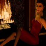 A female sim in a red dress in front of a fire in an official Sims 1 render.