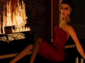 A female sim in a red dress in front of a fire in an official Sims 1 render.