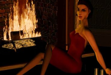 A female sim in a red dress in front of a fire in an official Sims 1 render.