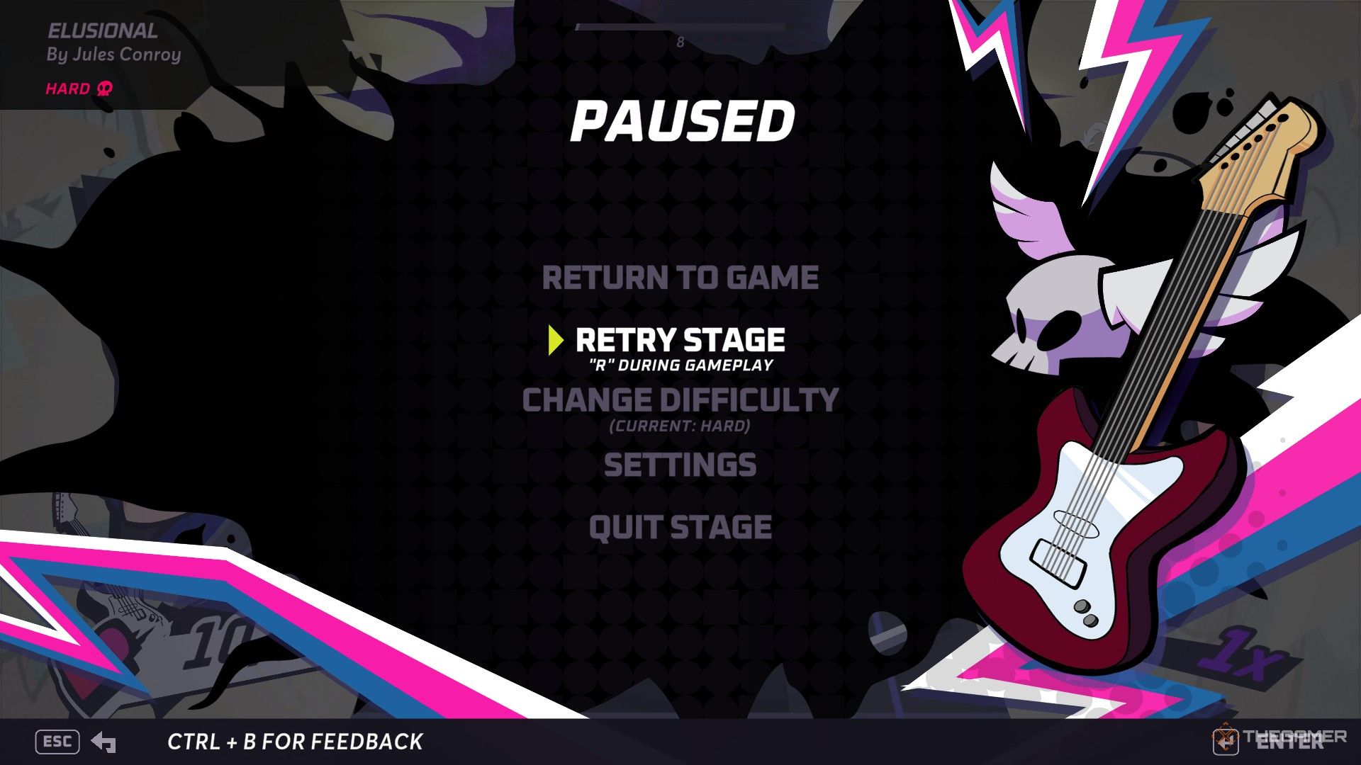 A player on the pause menu in Rift of the Necrodancer.