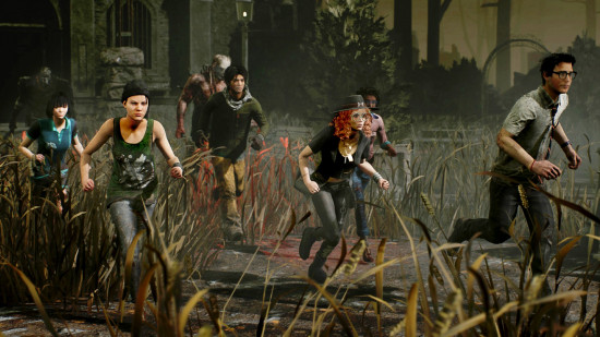 Five survivors are chased by two killers in DBD 2V8 mode.