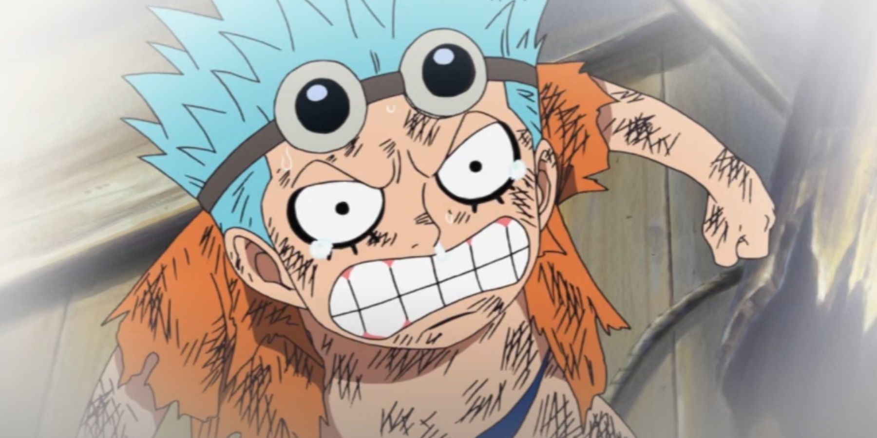 Young Franky crying before being taken in by Tom in One Piece