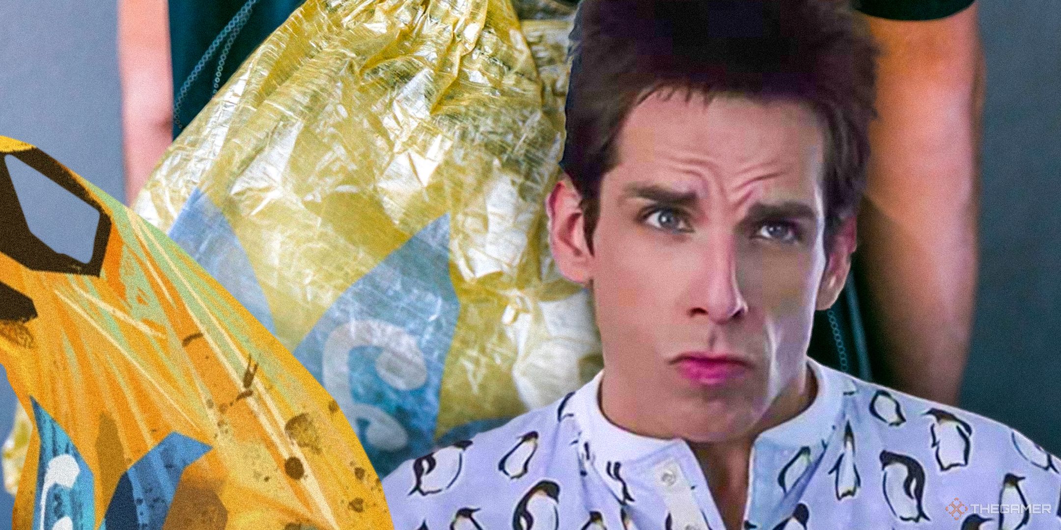 Zoolander pouting next to the Disco Elysium plastic bag.