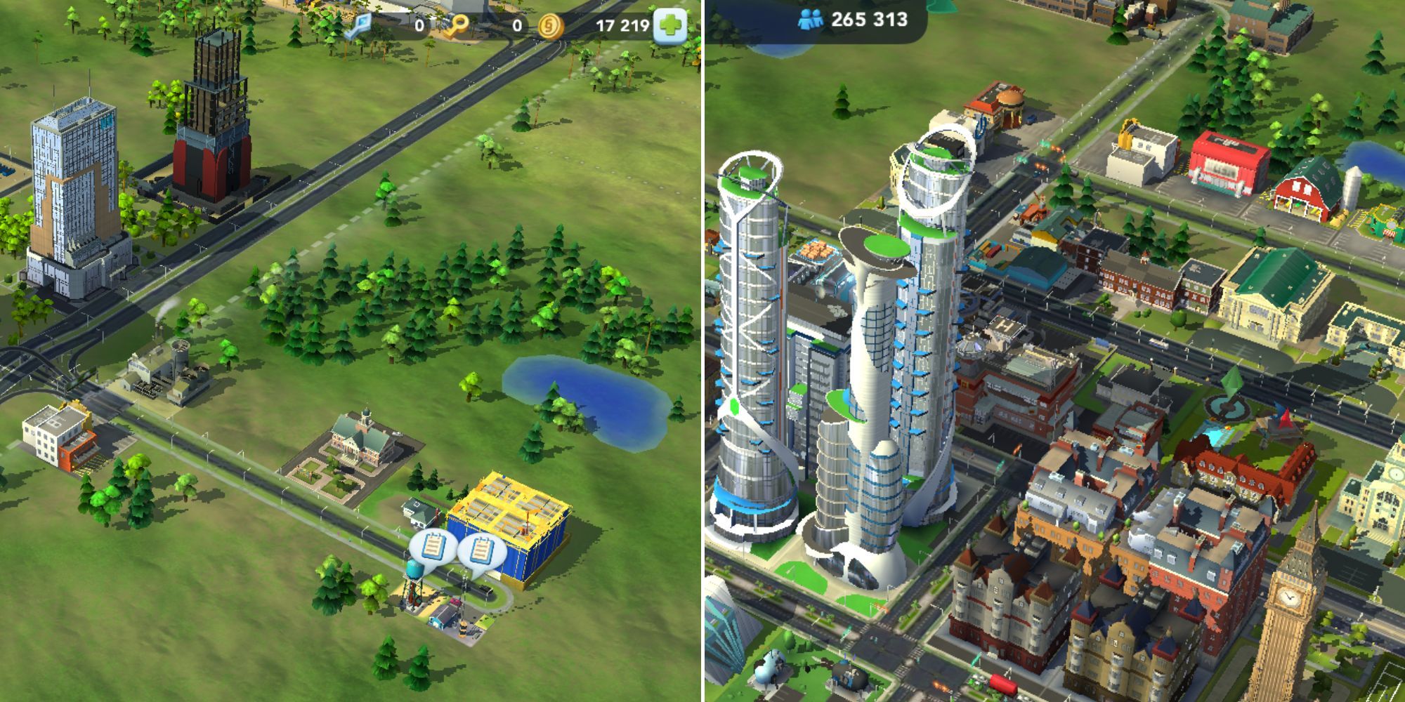 A city just starting out and a bustling neighbouring city in SimCity BuildIt.