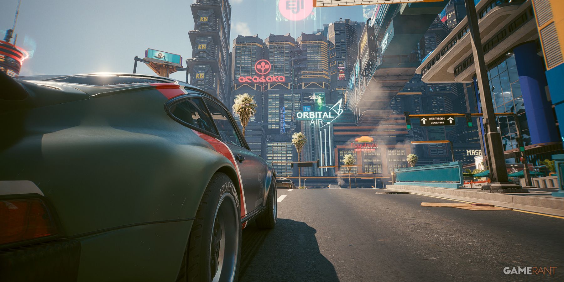 Vintage sports car in daytime Night City, with Arasaka building, in Cyberpunk 2077