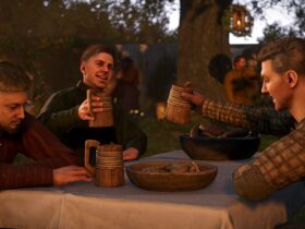 Kingdom Come: Deliverance 2 screenshot showing a group of medieval men sitting at a table with food, cheering together with wooden mugs of beer lifted high