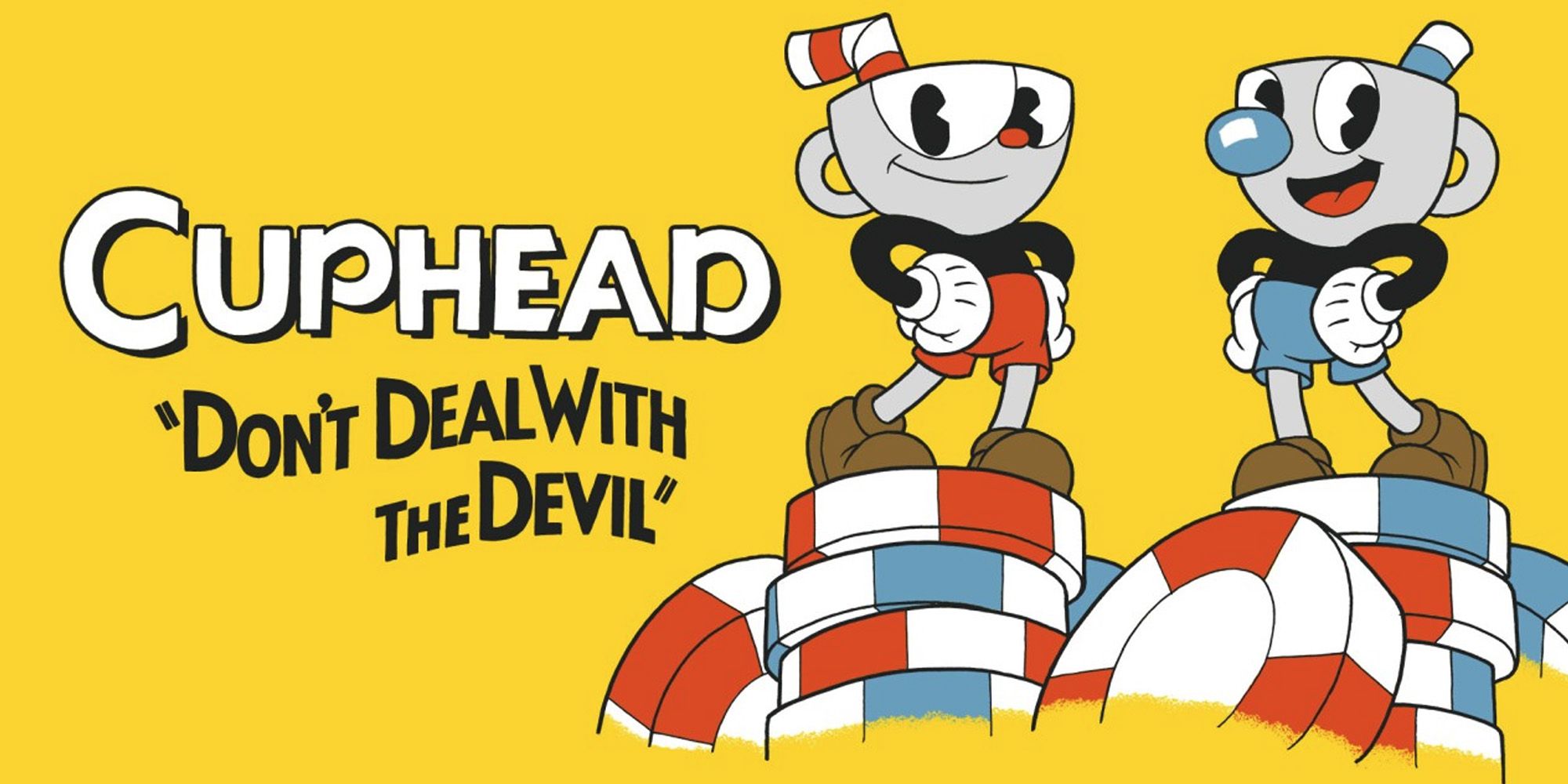 Cuphead and Mugman dancing on a stack of poker chips on a yellow background.