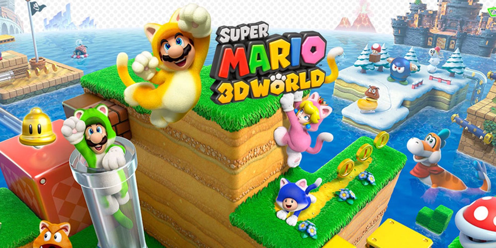 Cat Mario, Luigi, Peach, and Toad running through a level in Super Mario 3D World